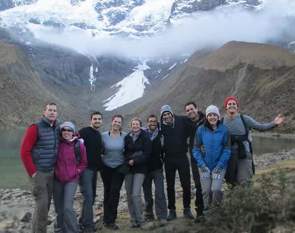 Trekkers together at a camp on the Salkantay route